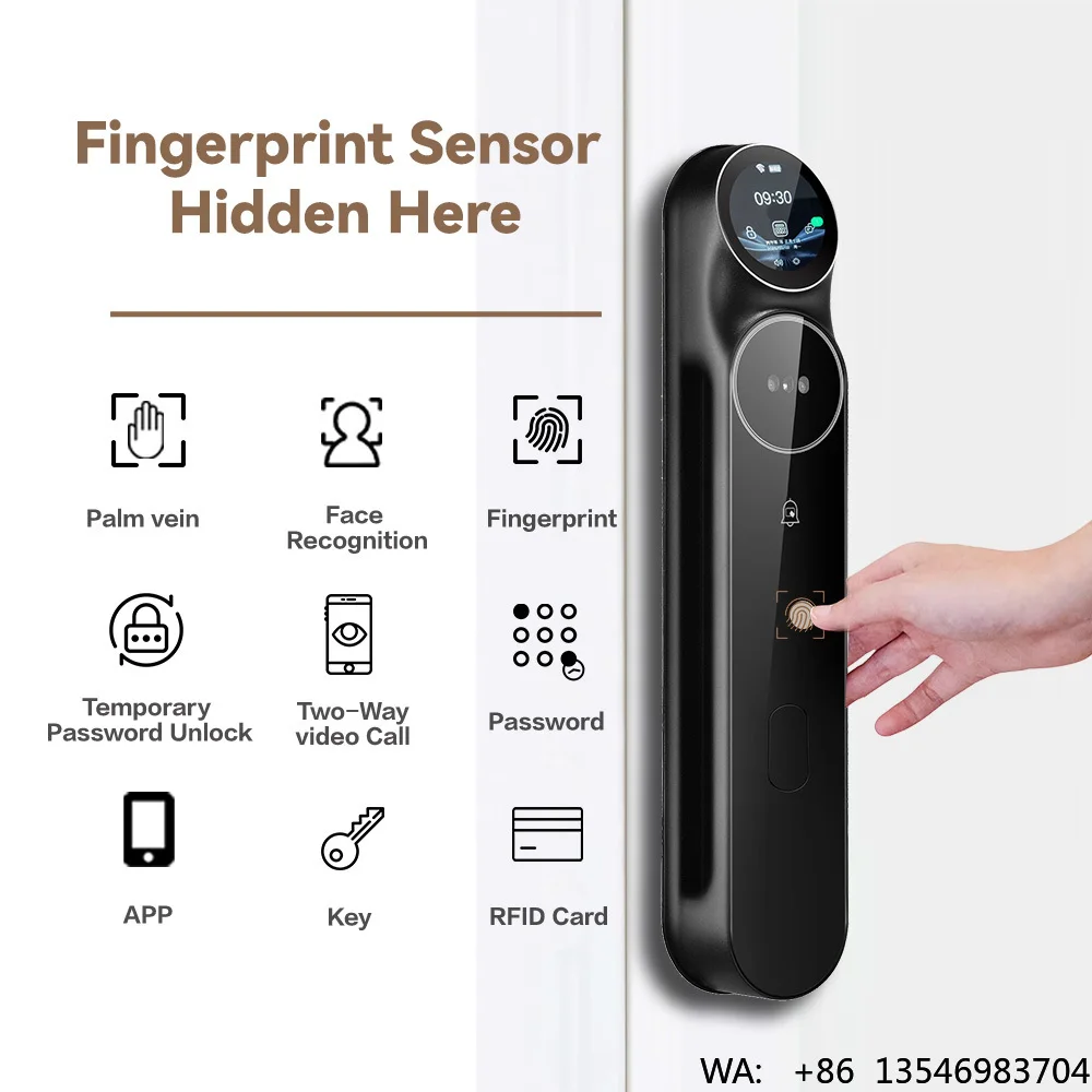 AI Smart Screen Digital Lock Biometric Fingerprint Face Recognition App Control Cloud Aluminum Alloy Wood/Steel/Brass Doors