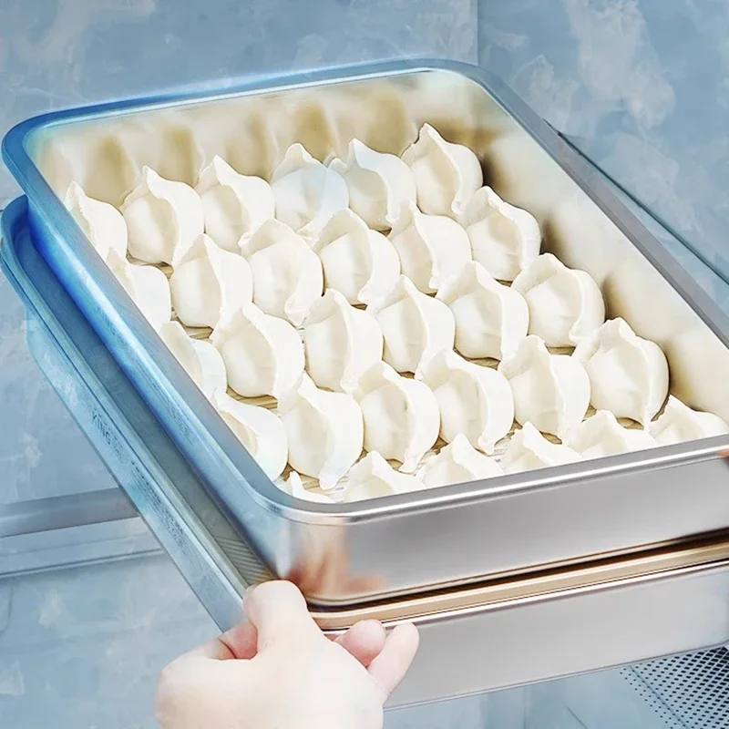 COOKER KING Stainless Steel Food Storage Container Dumplings Tray Rectangle Dish with Cover Thick Refrigerator Organizer Plate