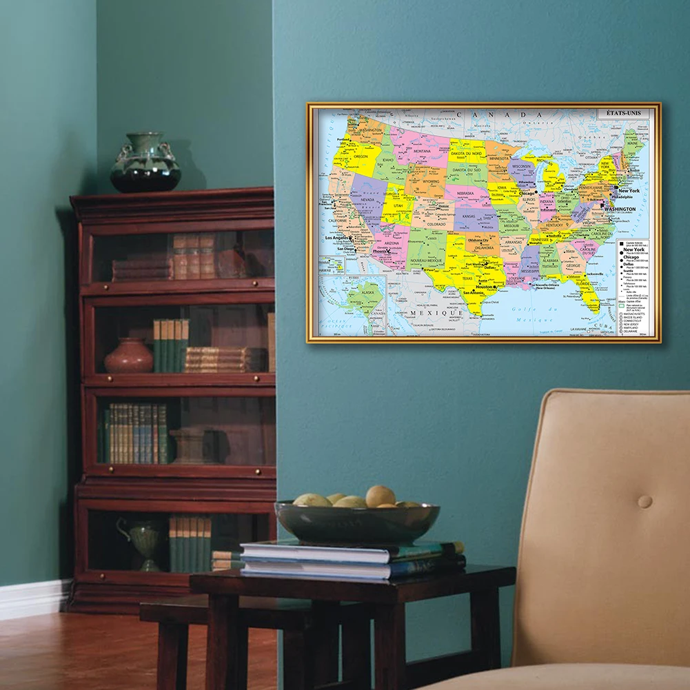 Mapa de los Estados Unidos con detalles en francés, póster de arte de pared, pintura en lienzo, suministros escolares de oficina, decoración del hogar, 59x42cm