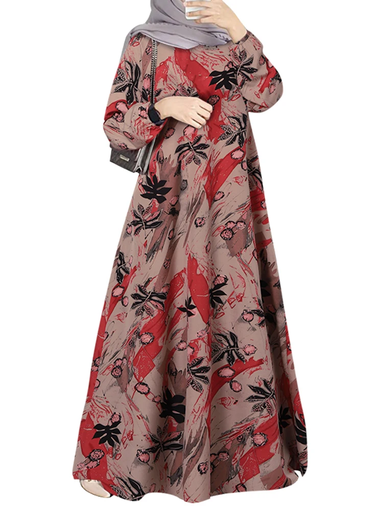 ZANZEA Vintage Muslim Abaya Turkey Hijab Sundress Robe Femme Long Sleeve Floral Printed Maxi Long Dress Kaftan Islamic Clothing