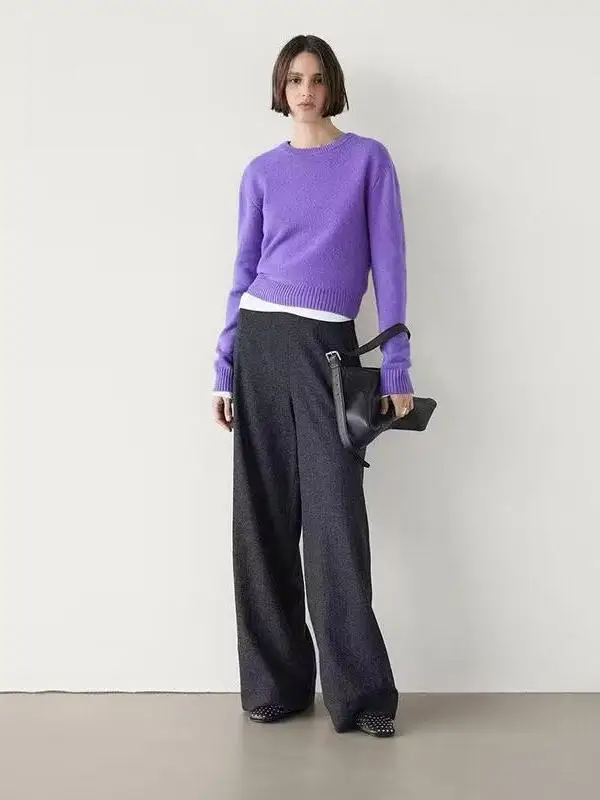 Faionable Autumn Winter ey Wool Blend Loose Women's Pants Smart Commuter Sle Trousers Casual Long Pants for Ladies