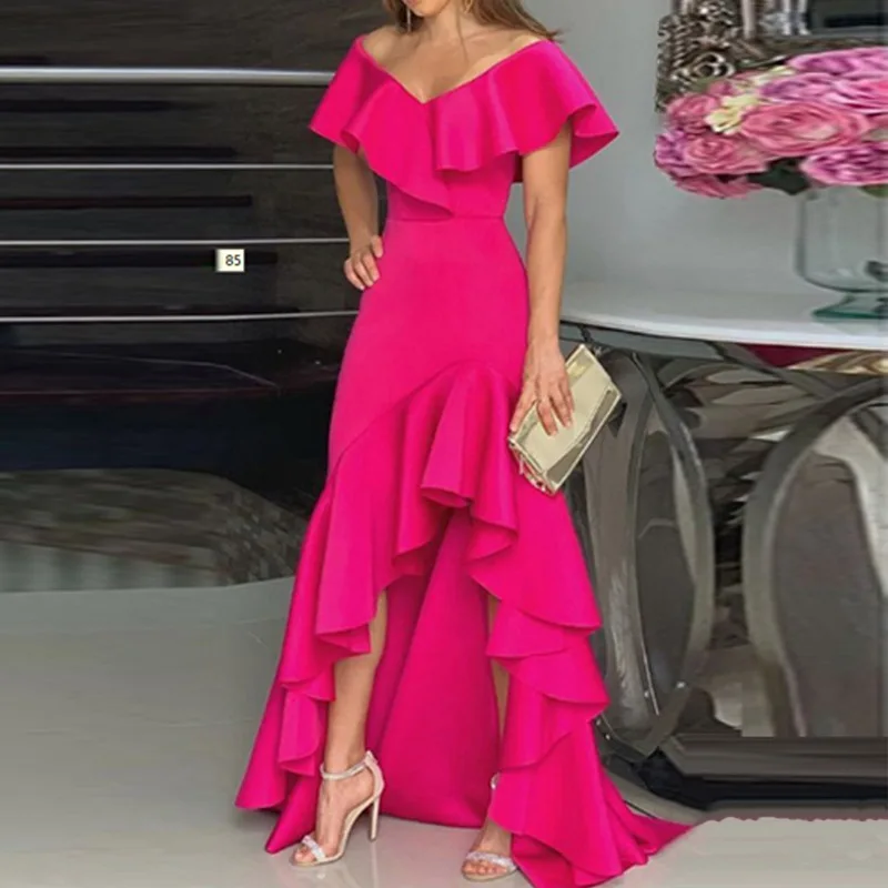 2023 Sexy V Neck Ruffles Party Dress Femme Elegant Summer Fashion Solid Sleeveless Slim Irregular Maxi Dresses For Women Robe