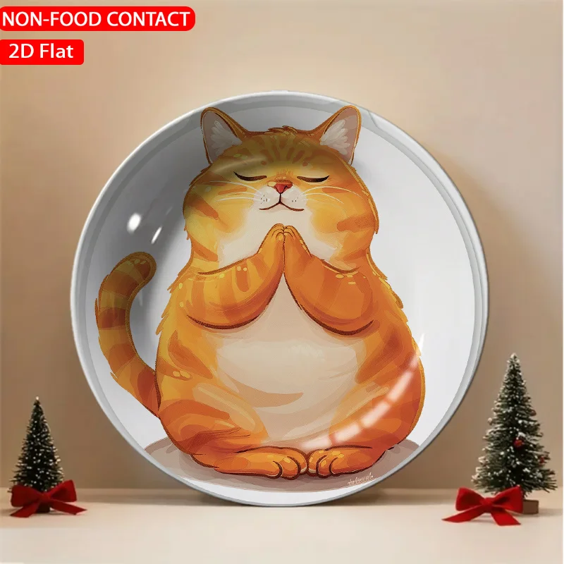 1pc Cartoon Praying Cat Orange Ceramic Plate Non-food Contact, Home Desk Ornaments, Living Room and Bedroom Decorations,