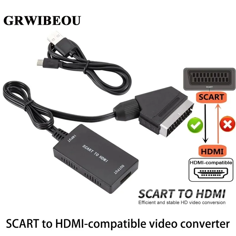 

GRWIBEOU SCART to HDMI Converter with Cable 1080P Scart in HDMI Out HD 720P/1080P Switch Video Audio Converter Adapter for HDTV