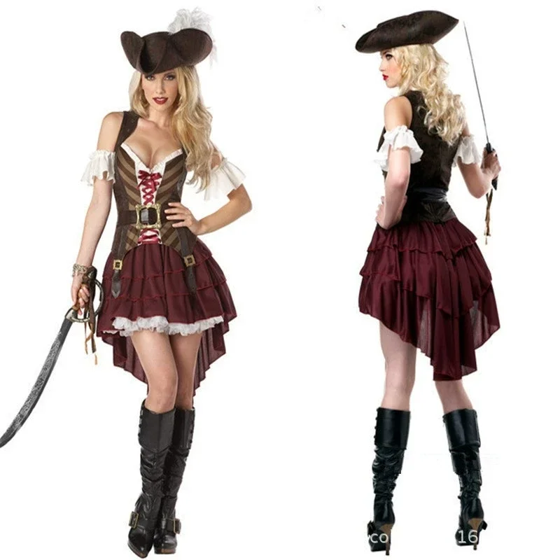 

Adult Halloween Pirate Costume Women Drama Stage Performance Captain Jack Role Play Dress