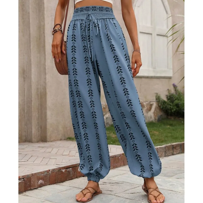 Women's Trousers 2025 Spring/summer New Versatile Grid Wide Leg Lantern Pants Casual Pants Lace Up Elastic Waist Long Pants