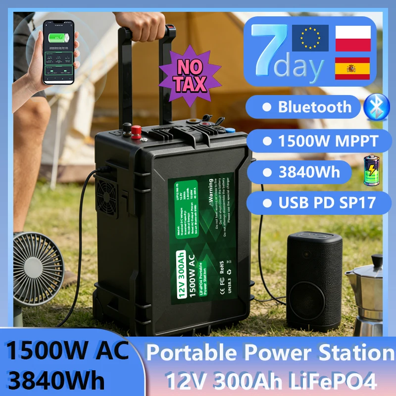 LiFePO4 12V 300Ah Battery Portable Power 3840Wh 1500W DC-AC All IN ONE Lithium Bluetooth BMS 6000+ Cycle IP56 USB PD QC EU STOCK