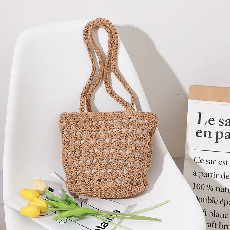 Korean Version Hollow Cotton Thread Hand-Woven Bag Ins Style Temperament One-Shoulder Hand-Held Straw Bag Seaside Holiday Beach