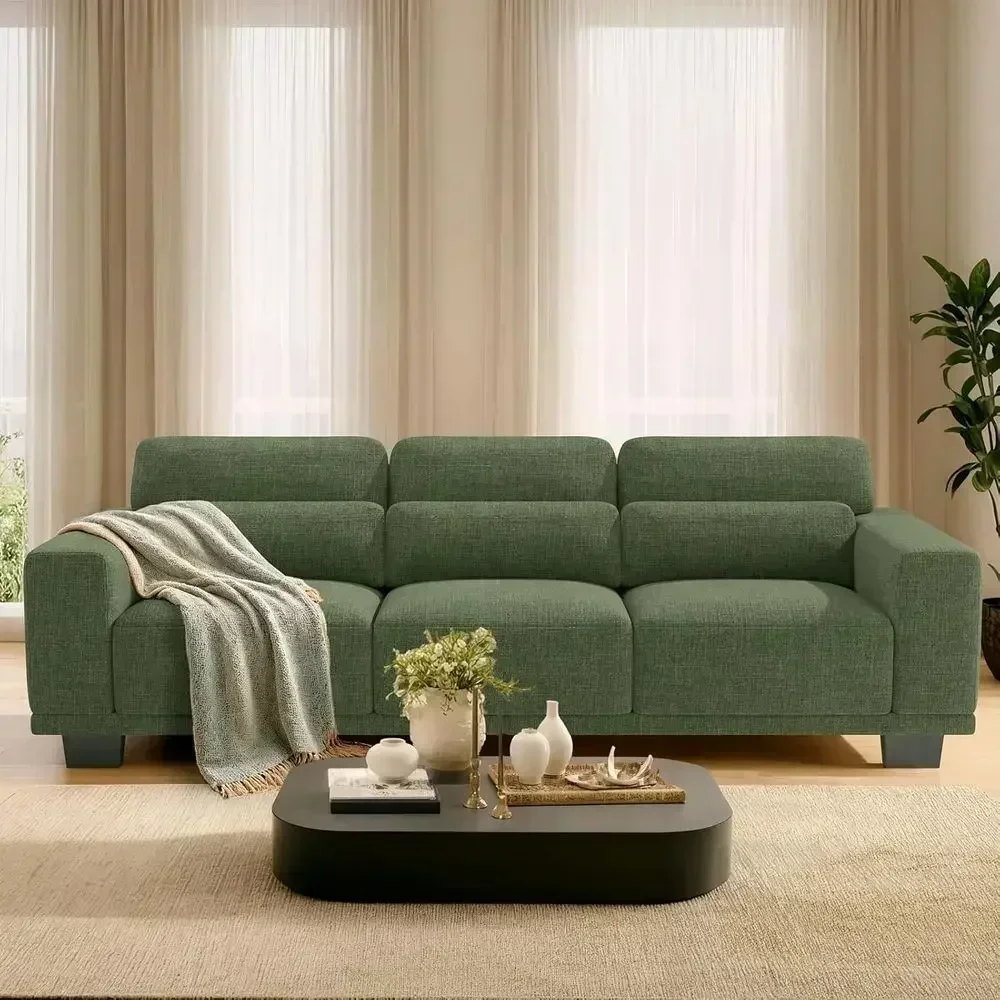 Green Linen Fabric 3-Seater Sofa with Deep Seat, Removable Washable Cover for Living Room