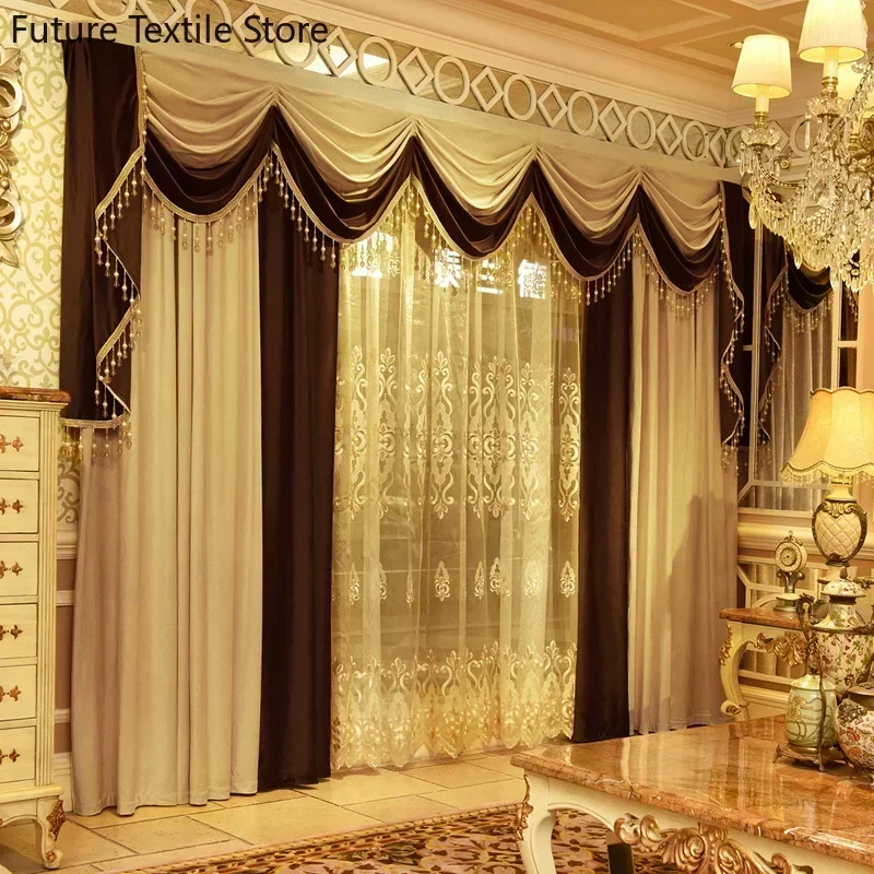 European High-end Beige Coffee Color Patchwork Velvet Valance Curtains for Living Room Bedroom Shading Partition Curtains Custom