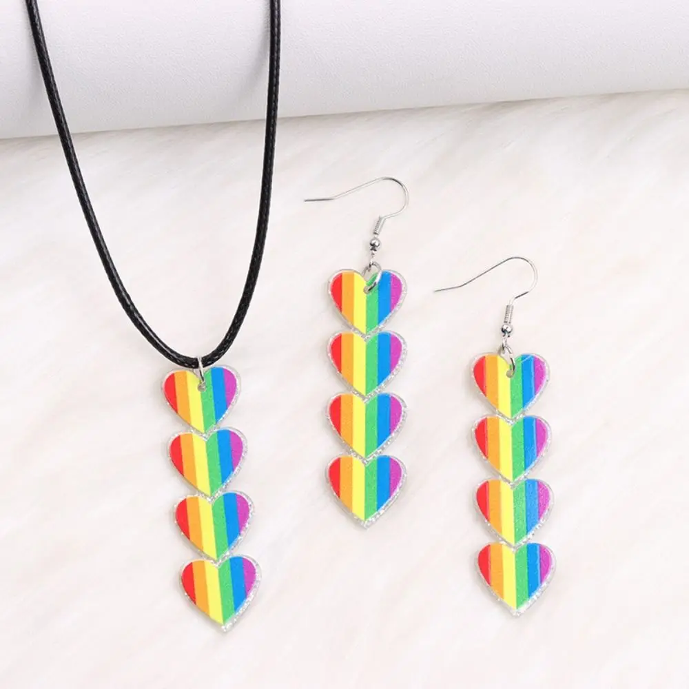 

Boho Pride Rainbow Necklace Gradient Friendship Couple Necklace Earring Set Heart Pedant Colorful Women Jewelry Party