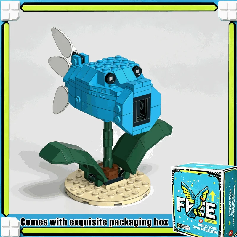 110PCS Snow Pea Plant Building Blocks Ice Blue Cartoon Frost Figure Model Custom Puzzle DIY Assembly Creative Display Toy Gift