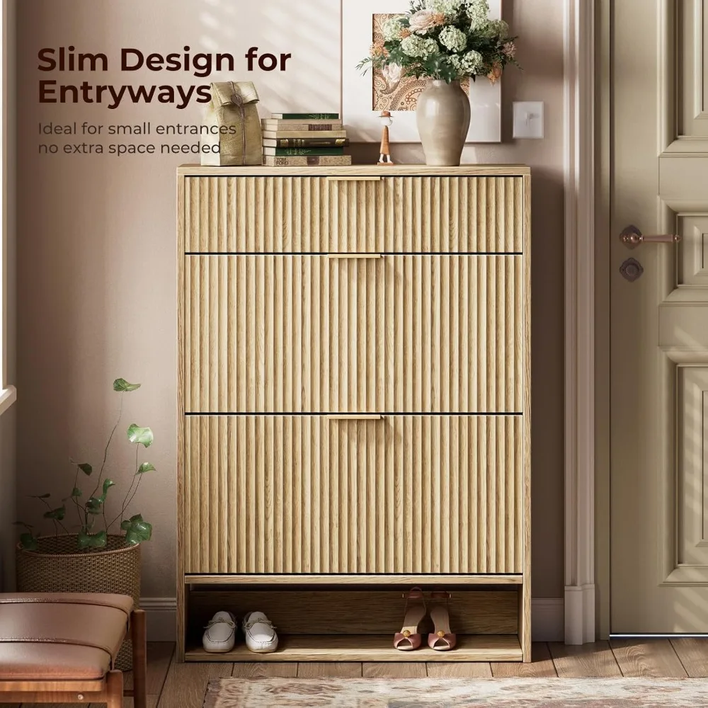 خزانة أحذية من خشب البلوط للمدخل مع درجين قابلين للطي، وخزانة أحذية بتصميم نحيف للمساحات الضيقة #4