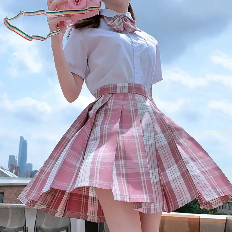 Neue Japanische Schuluniform Koreanische Student Jk Seifuku Bluse Falten Rock Krawatte Vollen Satz Mädchen Plaid Rock Rosa Uniformen Für Frau