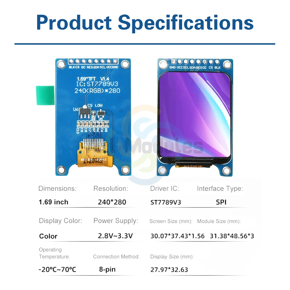 وحدة شاشة TFT LCD مقاس 1.69 بوصة ST7789V3 SPI واجهة تصميم زاوية مستديرة رفيع للغاية بدقة 240 × 280 شاشة ملونة