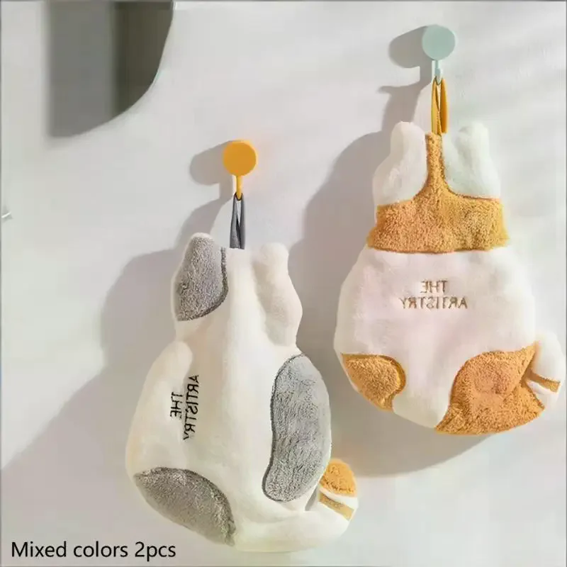 

2Pcs Cute Cat Hanging Towel Kitchen Hand Towel Bathroom Soft Absorbent Handkerchief Wipe Towel Cartoon Kids Towels