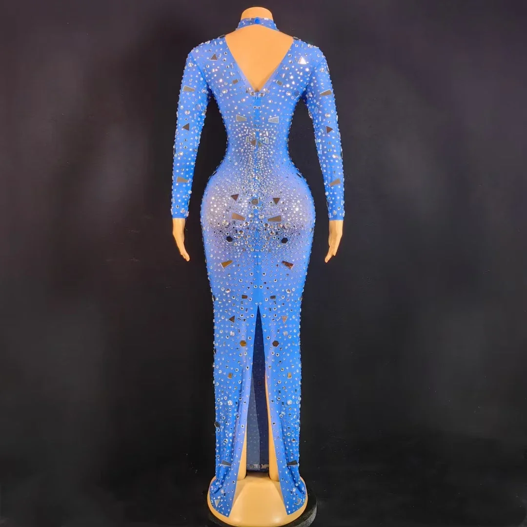 Длинное платье с синими бриллиантами, роскошное праздничное платье со стразами, сценический костюм, женское модное облегающее платье