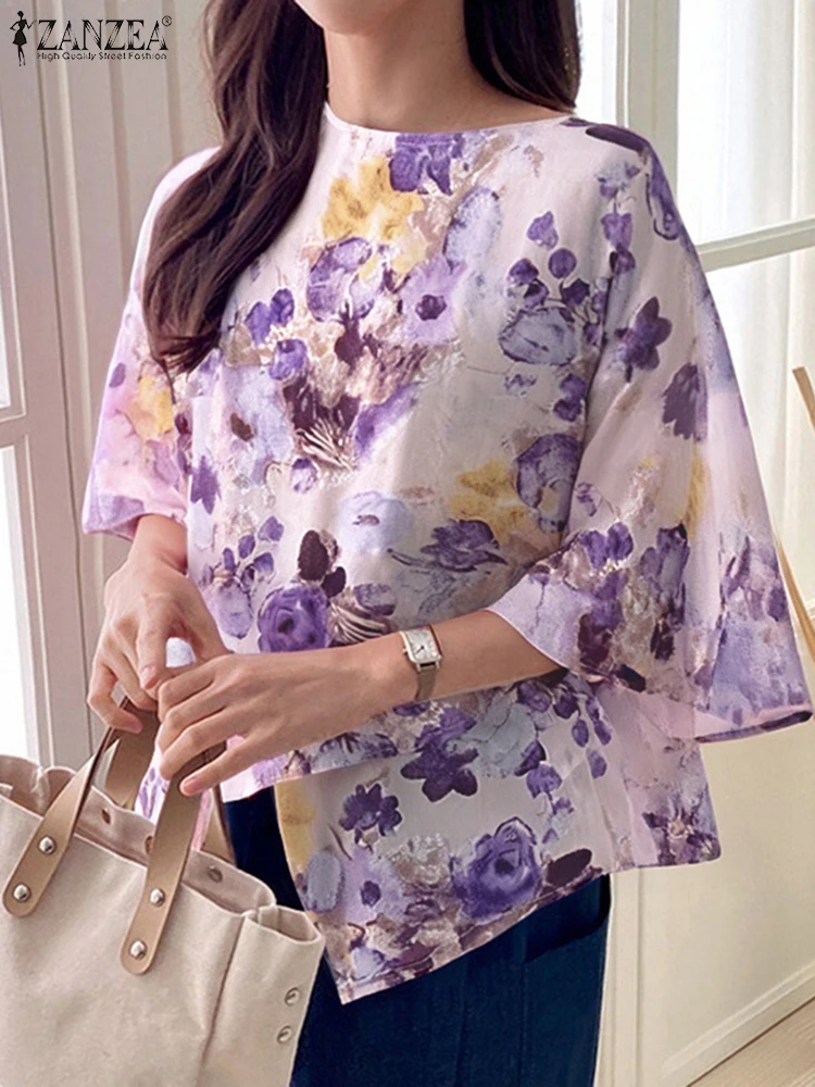 

ZANZEA Vintage Asymmetrical Women Blouse Fashion Floral Print Bohemian Tops 2025 Summer 3/4 Bat Sleeve Shirts Casual Loose Blusa