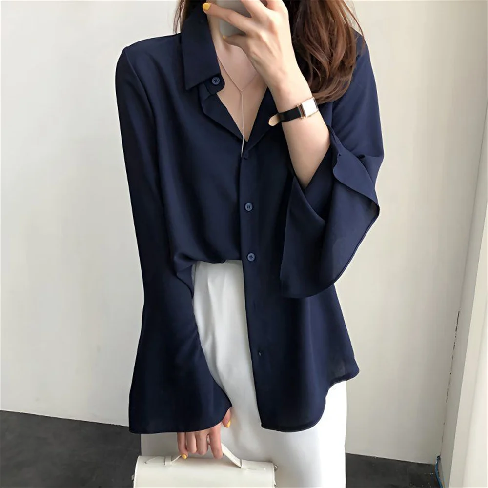 Femmes en mousseline de soie Blouse mode solide à manches longues évasées bureau dame travail Vintage hauts chemises chemise blanche vêtements féminins élégants