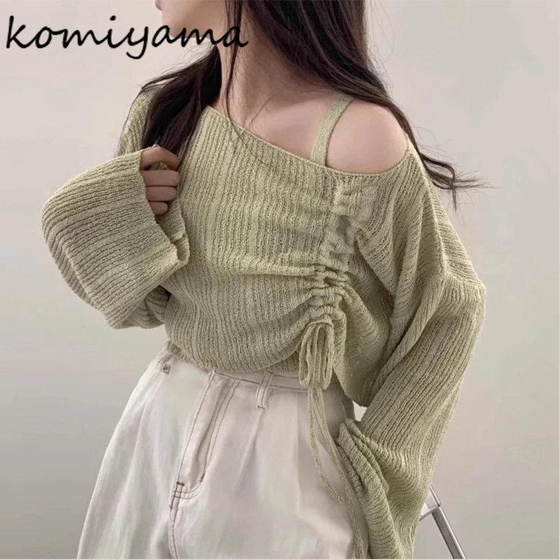 

Вязаная одежда на шнурке Ropa Mujer Holiday Roupas, осенняя женская одежда в полоску, одежда с открытыми плечами, Feminino, сексуальный Sueter с майками