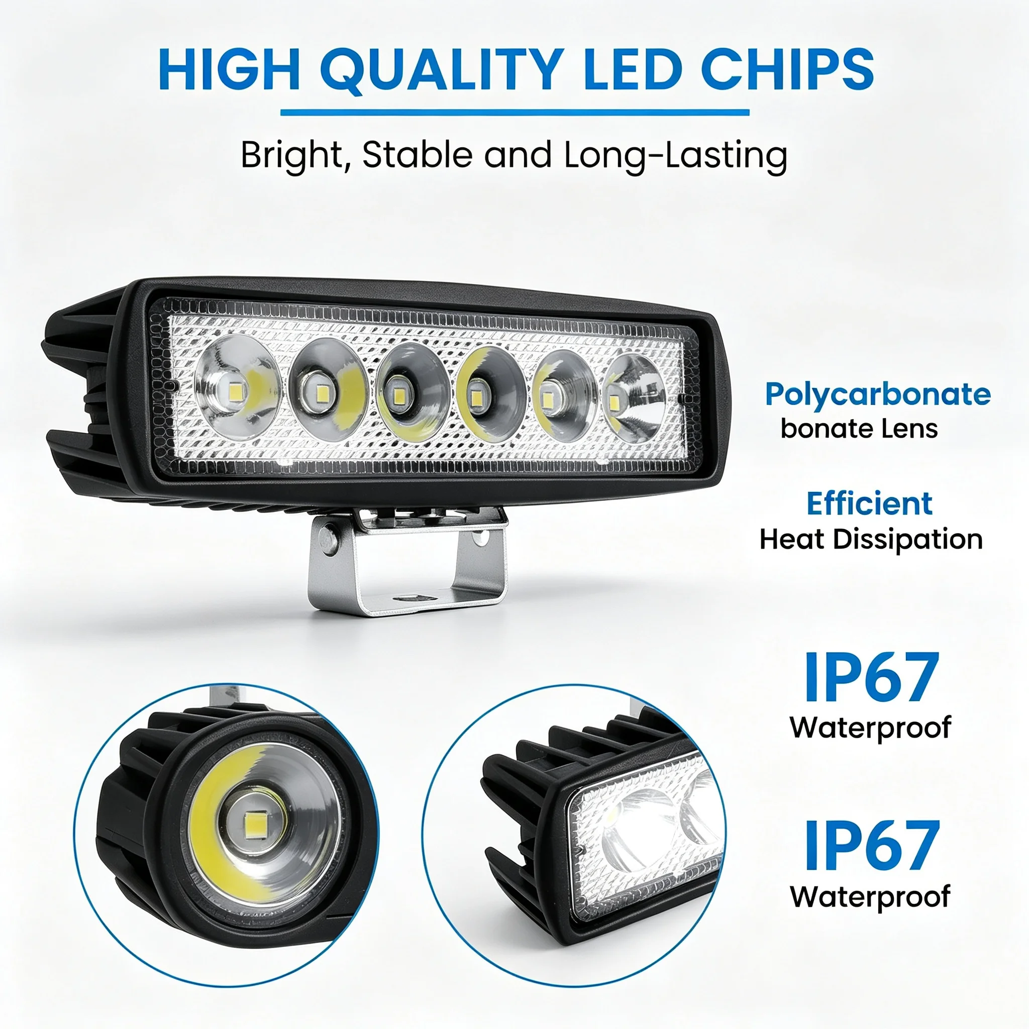 Barra de Luz LED Automotiva 12V 18W 6000K Branca IP67 à Prova D'água Holofote e Spot para Off-Road e Trabalho