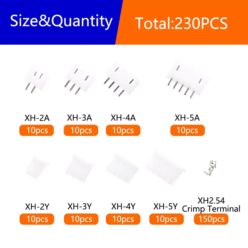230PCS XH2.54mm Connector Kit 2P 3P 4P 5P Pin Header Housing Terminal Assortment for Electronic Wiring DIY Project Maintenance E