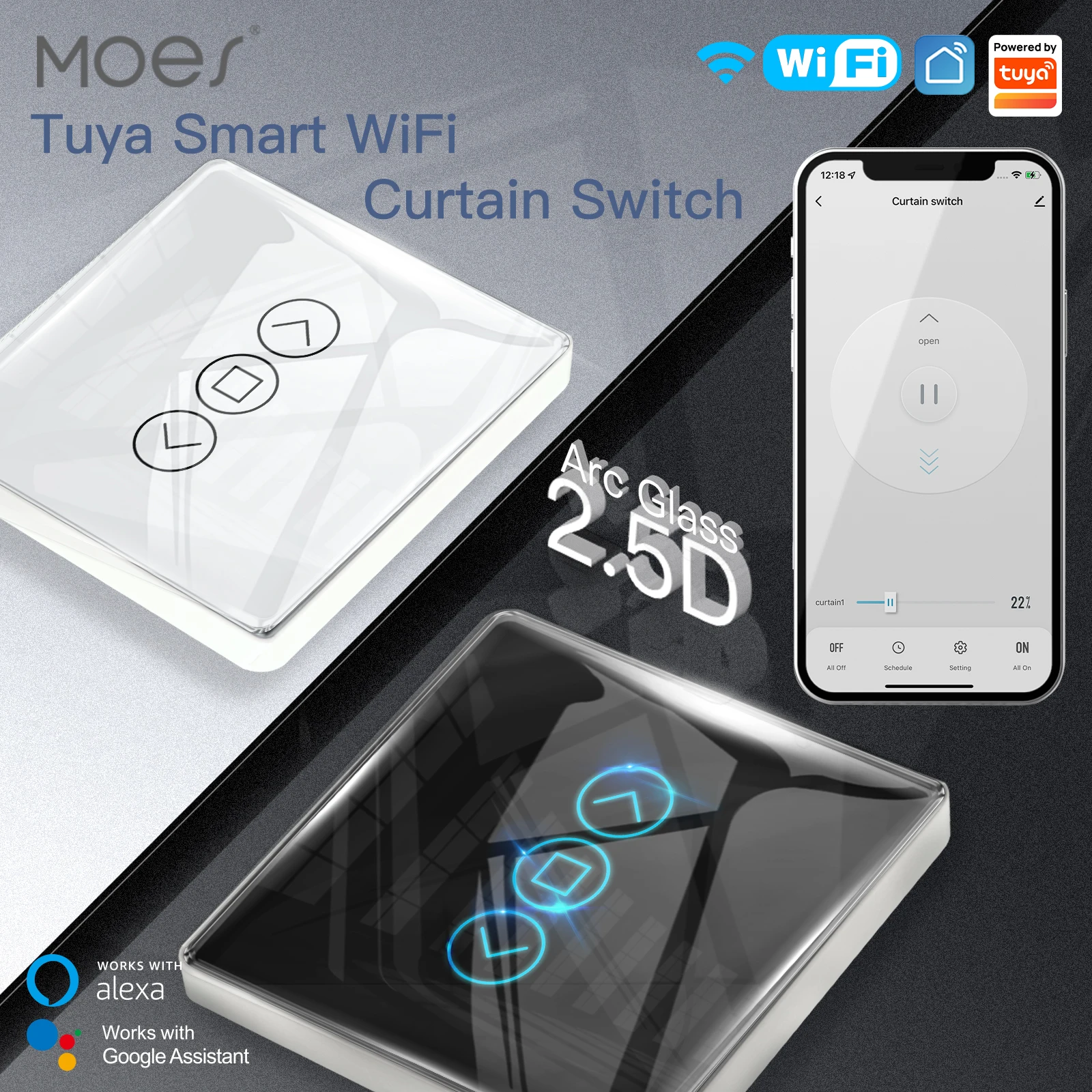 

MOES,WiFi RF433 Smart 2.5D Arc Glass Touch Panel,Curtain Switch for Roller Blinds Shutters Switch,Tuya APP Wireless Remote alexa