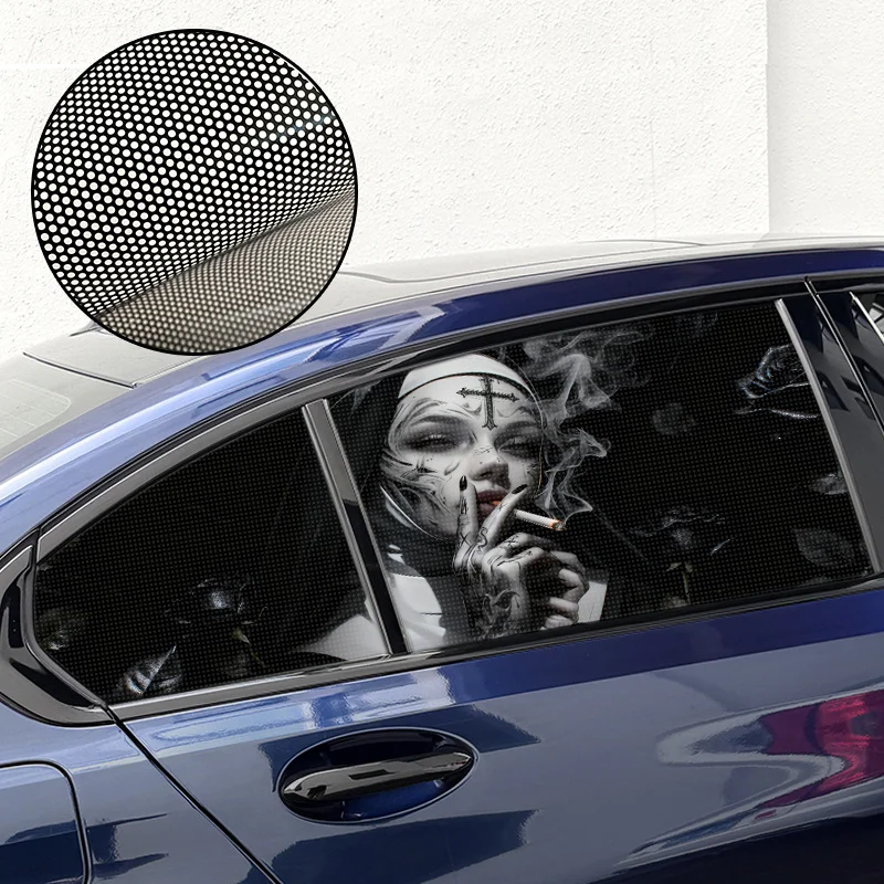 Nun and Black Rose Design One-way See-through Car Window Stickers Waterproof  for Truck SUV Exterior Vehicle Modified Decals
