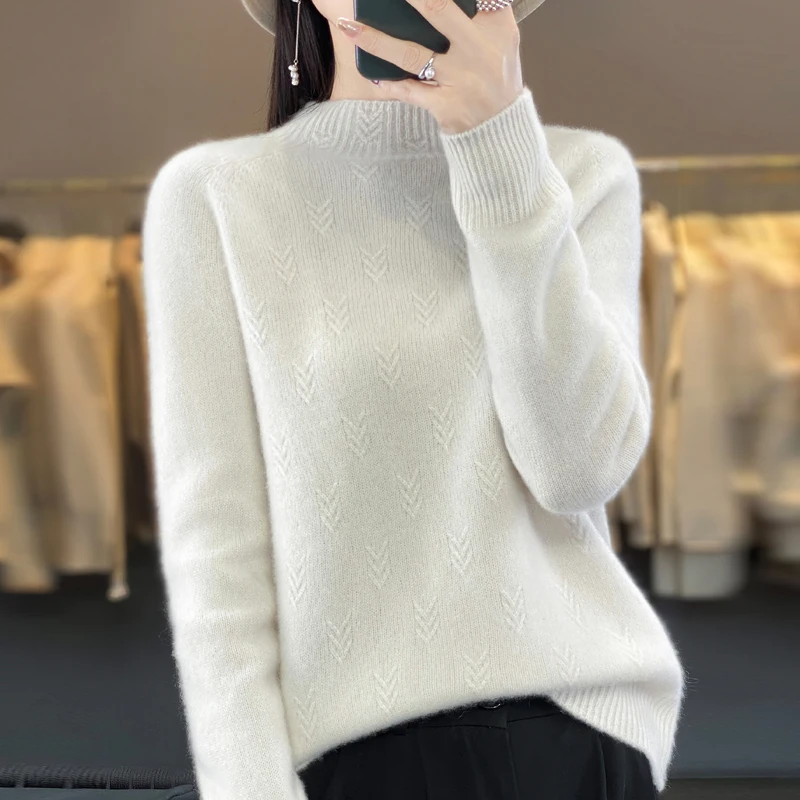 Mock Neck Winter Sweater Women Elegant Fashion Pure Wool Warm Sueter Knit Pullover Loose Tops Casual Jersey Knitwear Jumper New