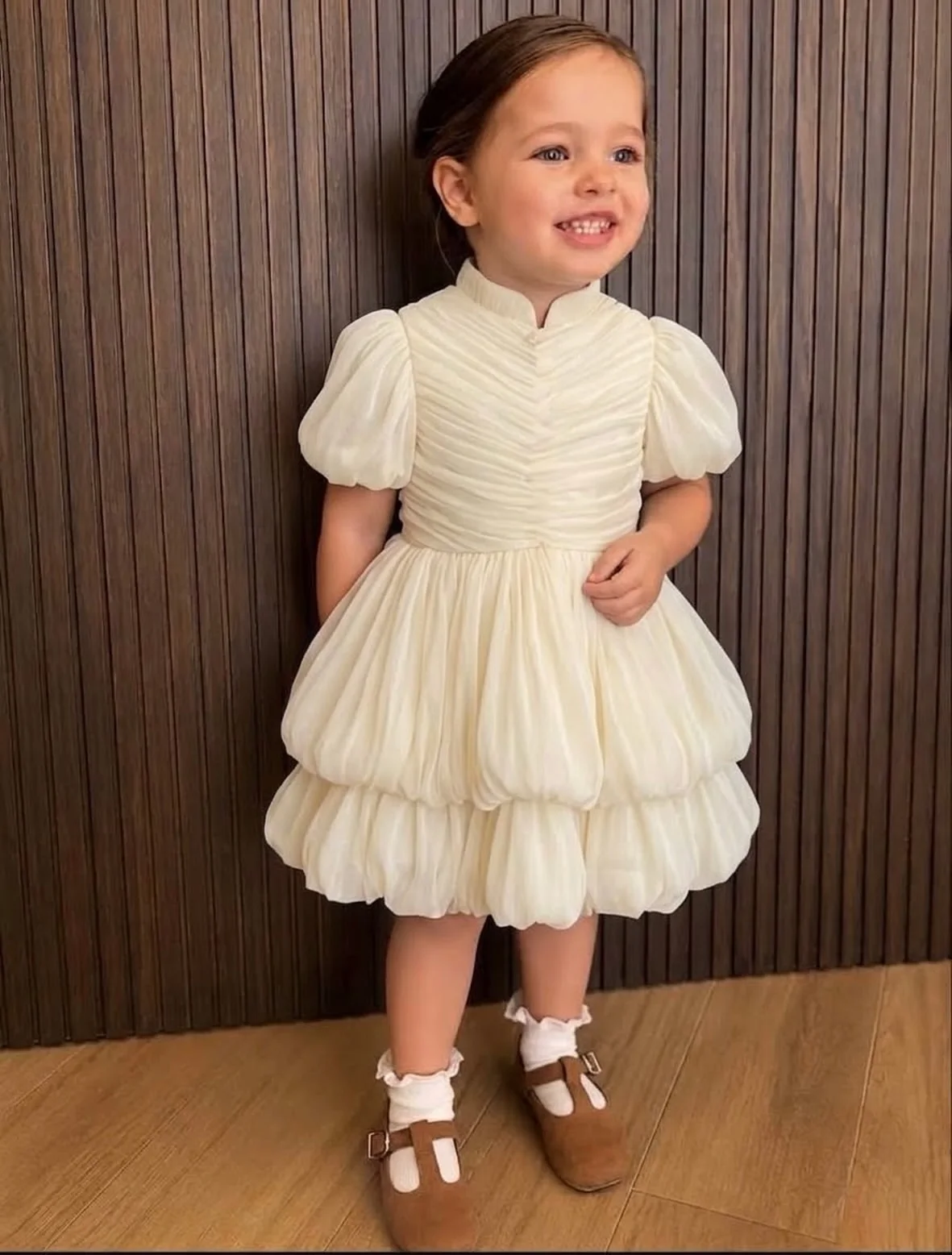 OIMG Sweet High Neck Button Ball Flower Girl Dresses Multi-layer Puff Sleeves Wedding Gown Knee Length Birthday Dress Customized