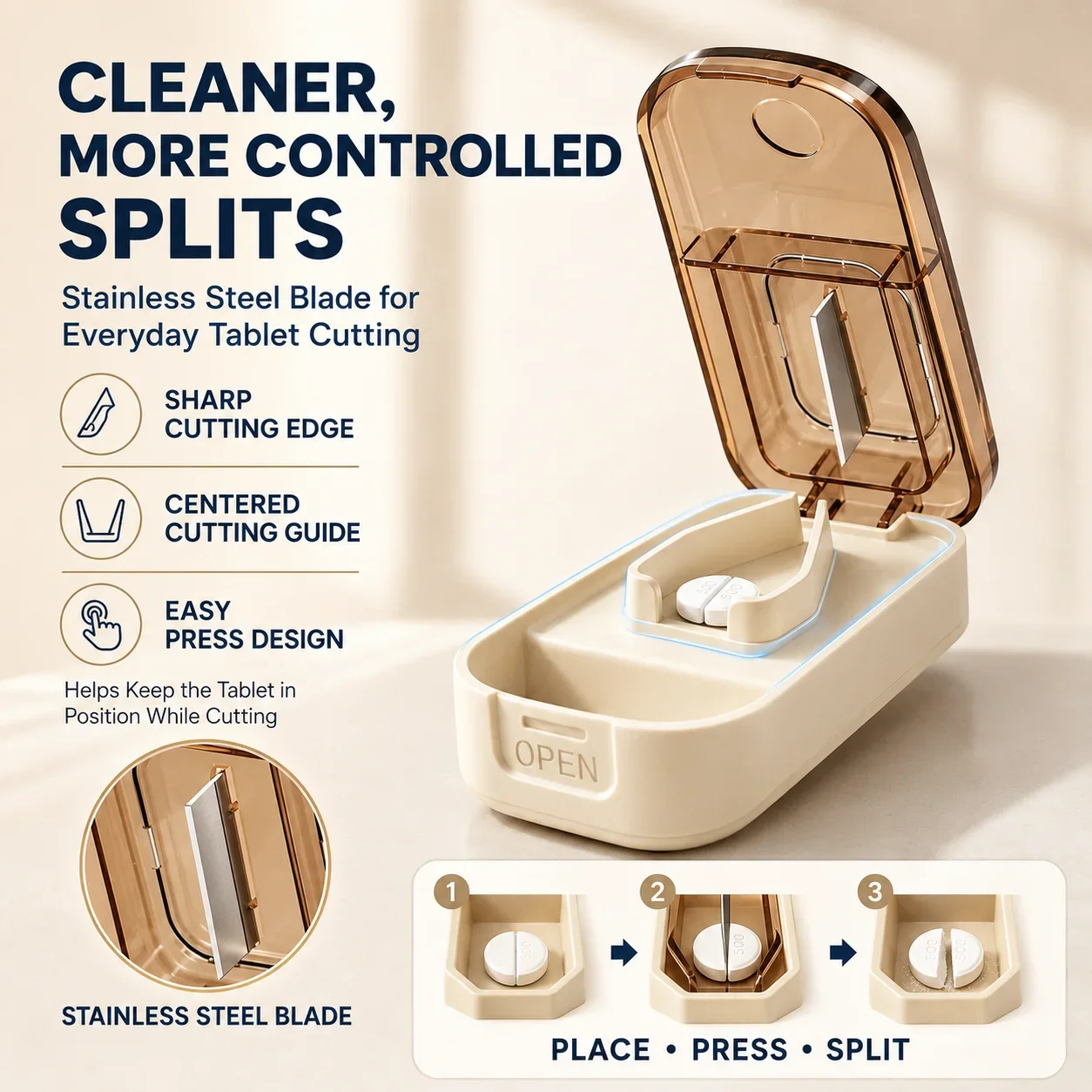 2-in-1 Portable Pill Cutter with Storage Box, Stainless Steel Blade, V-Shaped Holder, Compact Travel Tablet Splitter for Adults