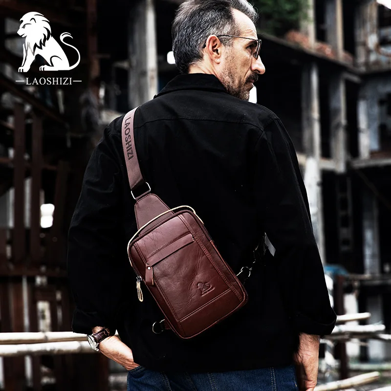 Cowhide Men‘’s Chest Bag Retro Wax Genuineleather Casual Chest Bag Large Capacity Vertical Shoulder Crossbody Bag