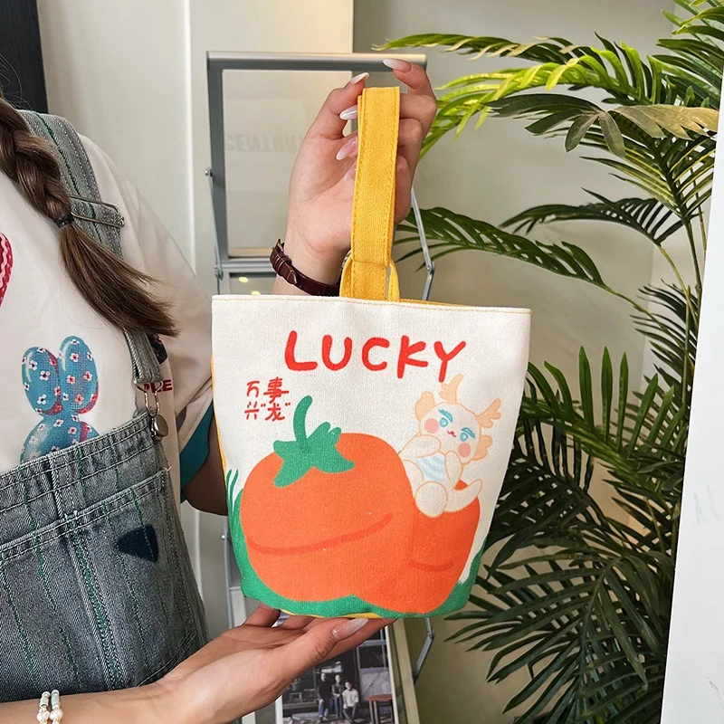 New Year Cartoon Dragon Persimmon Canvas Storage Hand Bag, Cosmetic Pouch for School & Daily Commute