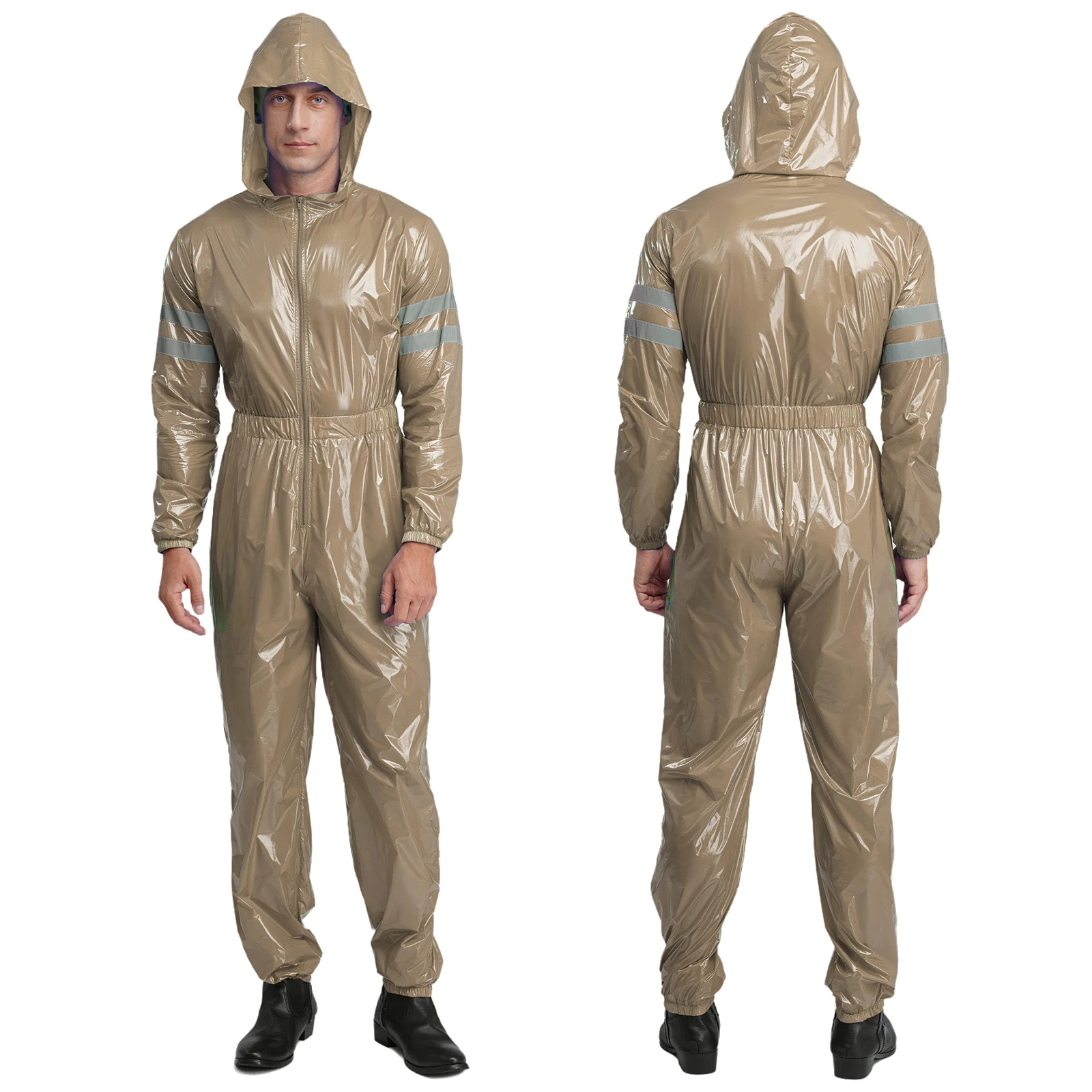 زي رجالي مقاوم للماء، شرائط عاكسة عالية الوضوح، مآزر بأكمام طويلة، خصر مرن، سحاب أمامي، بذلة بقلنسوة