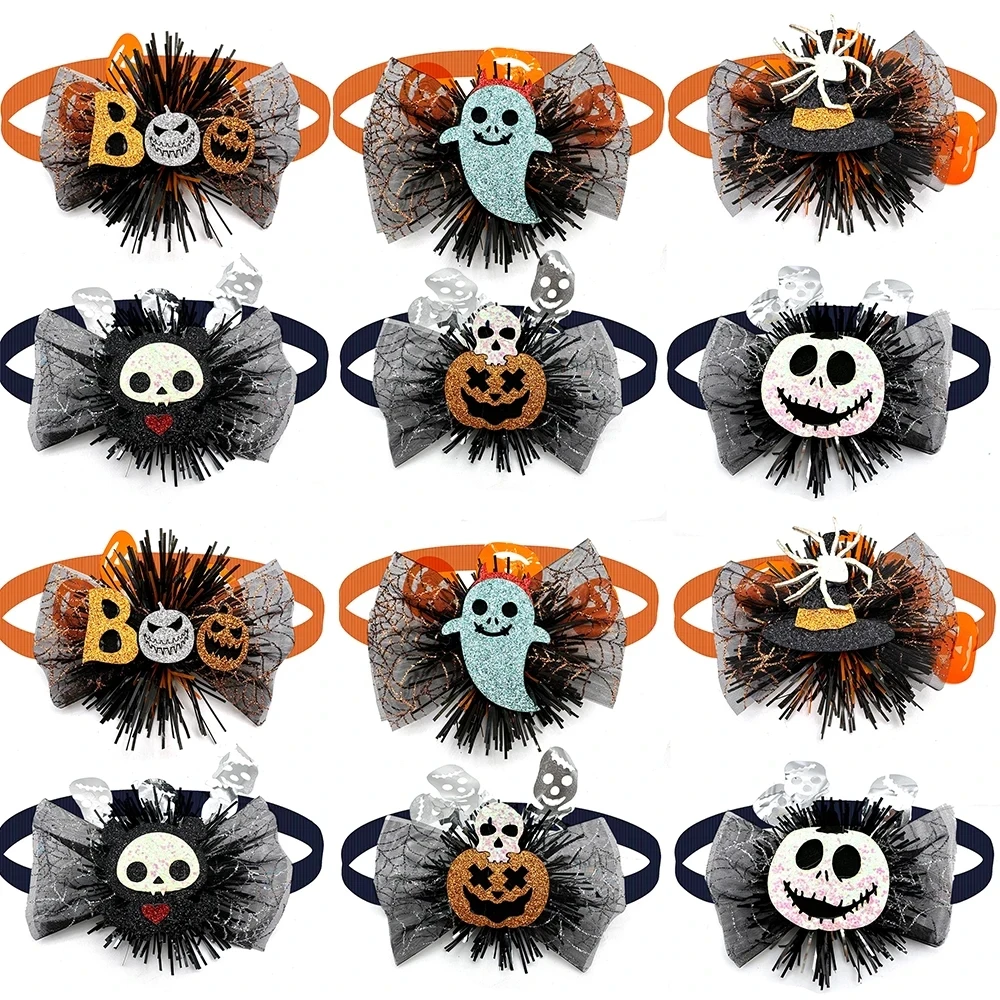 50pcs Halloween Dog Bows Horrible Skull Pumpkin Grooming Bow Ties Adjustable Collar Puppy Pets Bowties Festival Decoration