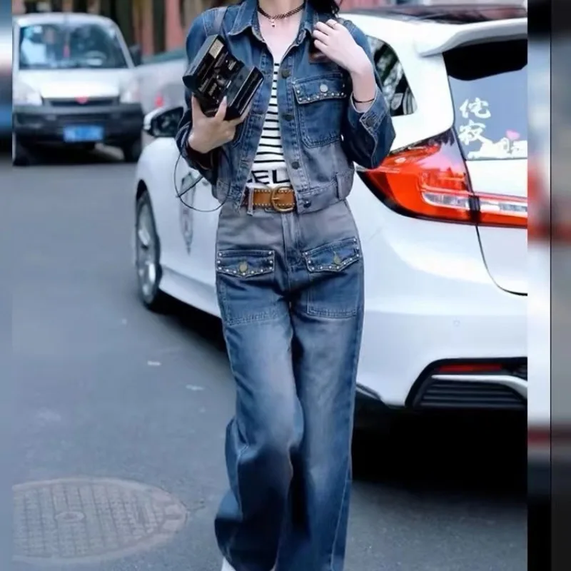 

Новый джинсовый костюм для женщин в стиле OL: весна-осень 2026, простой офисный комплект с широкими брюками для работы