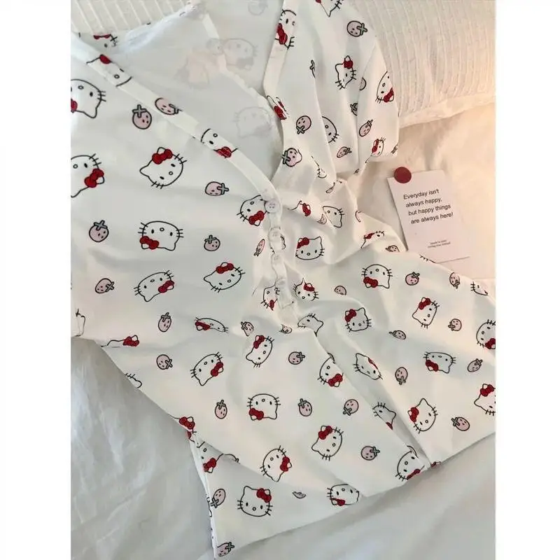 신상품 대형 사이즈 파자마 키티 고양이 프린트 파자마 여름 귀여운 원피스 홈웨어 면 반팔 점프수트 반바지