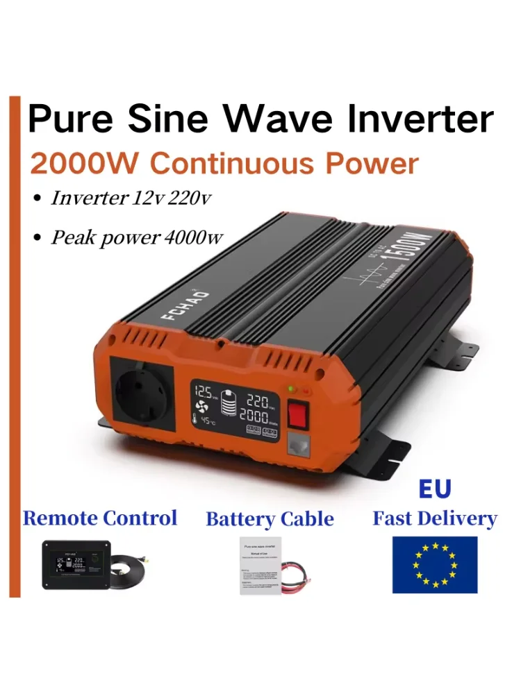 FCHAO 2000W 12VDC Auto-Stromwandler Reine Sinuswelle 230VAC Ausgang für Camping und Wohnmobile mit Display