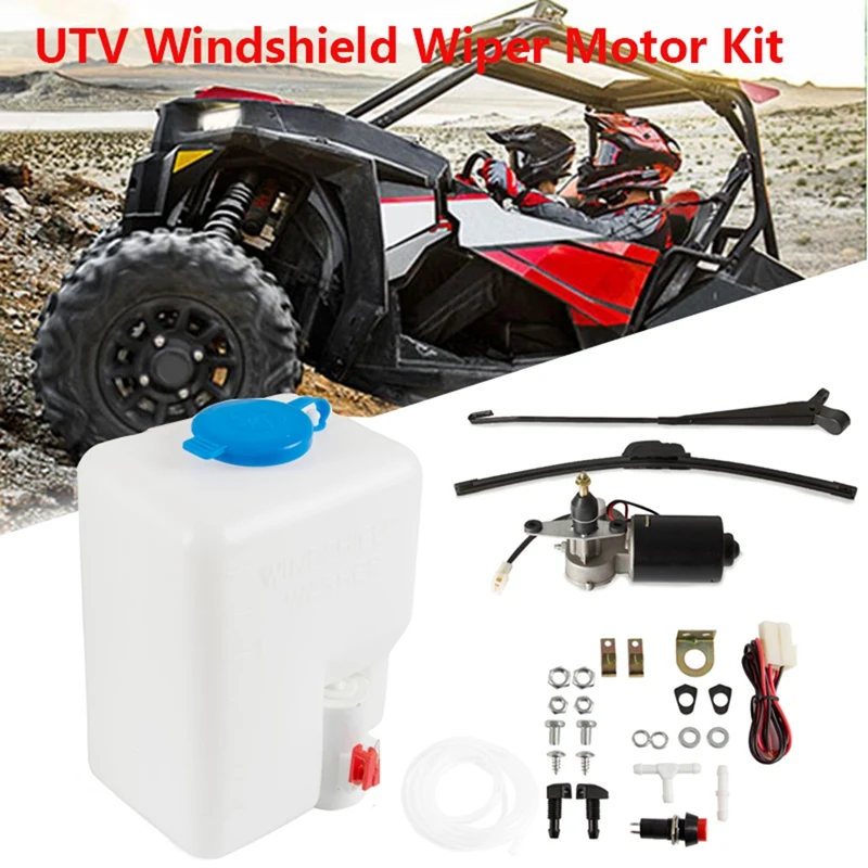 

12V Electric Windshield Wiper Washer Pump Kit with Spray Bottle for Polaris Ranger RZR Kawasaki Honda Pioneer Can-Am Universal