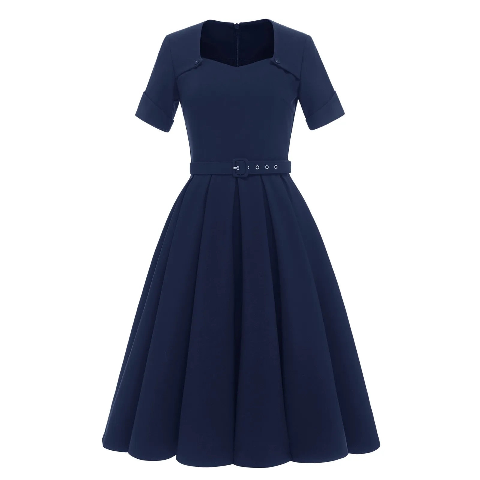 2024 Women Dresses Solid Color 50s 60s Vintage Short Sleeve Square Collar Elegant Dress Women Office Midi Party Dresses Vestidos