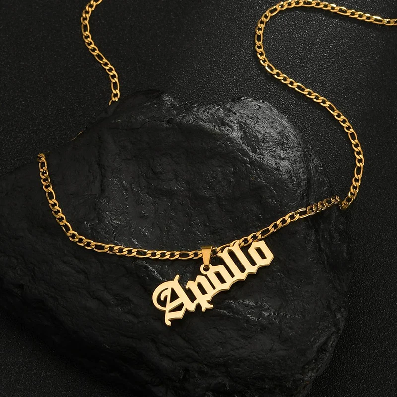 Goxijite Stainless Steel Personalized Big Name Necklace For Women Custom Nameplate Necklaces Figaro Chain Ketting Jewelry