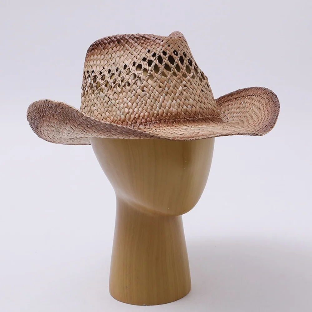 Vintage Gradient Hollow Weave Straw Cowboy Hat Wide Curved Brim Western Sun Hat Breathable Lightweight Beach Travel Decoration