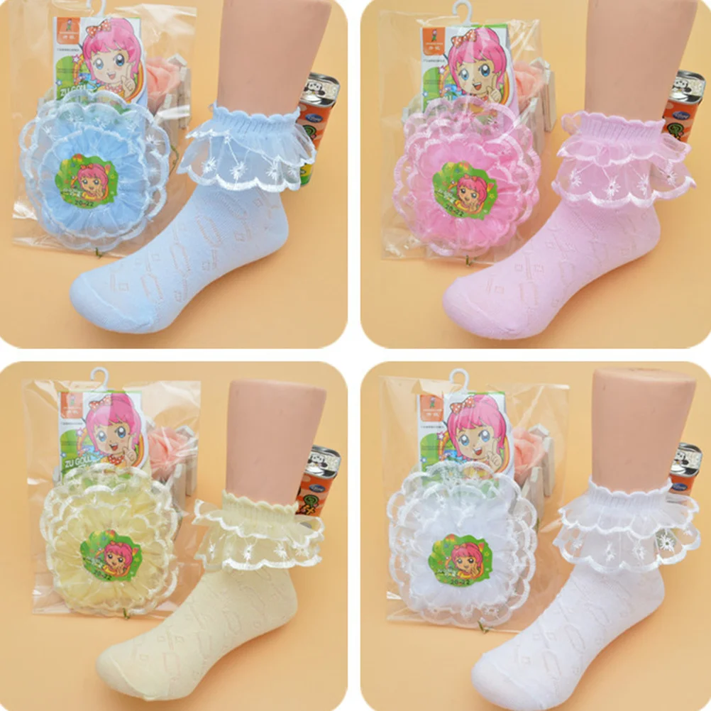 4 Paar Prinzessinnen-Spitzen-Baumwollsocken, knöchelschnitt, atmungsaktiv, rutschfest, bequem, für Mädchen im Alter von 0–3 Jahren, Wathet, Weiß, Rosa, Gelb