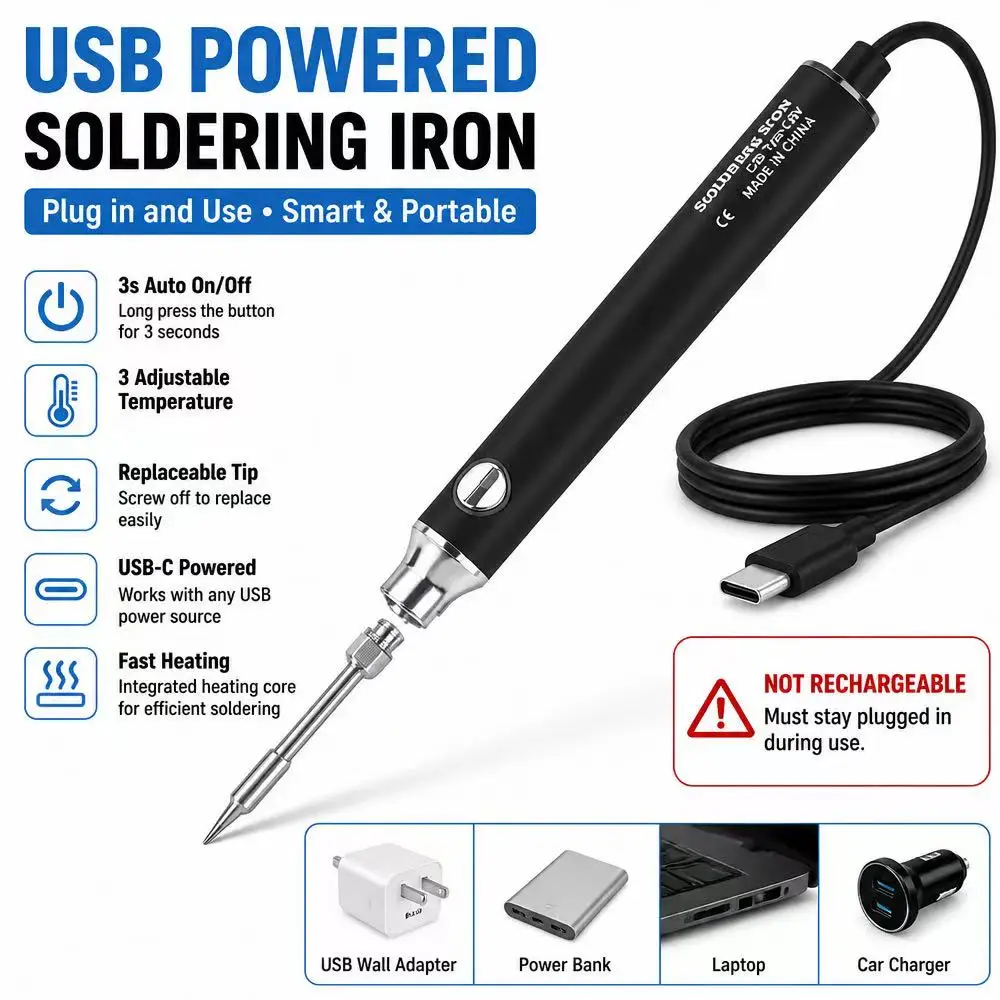 Mais recente ferro de solda USB com design plug-in tipo C Mini ferro de solda com configuração de três temperaturas 300-450 ° C