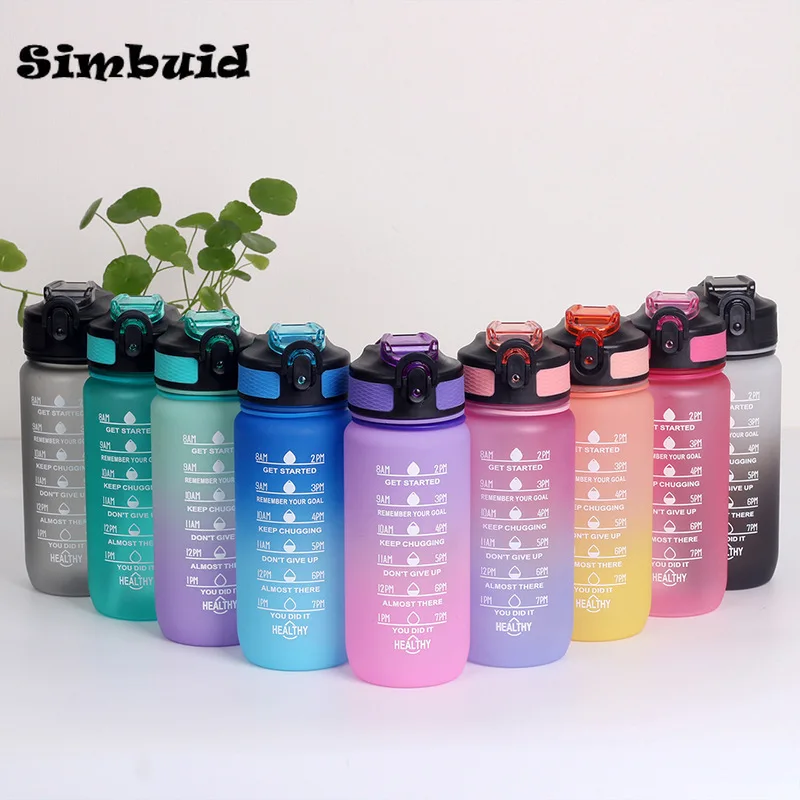 3Sizes Sports Water Bottle Gradient Color Motivational Bottle with Time Marker Leak-proof Cup Gym Outdoor Drinkware