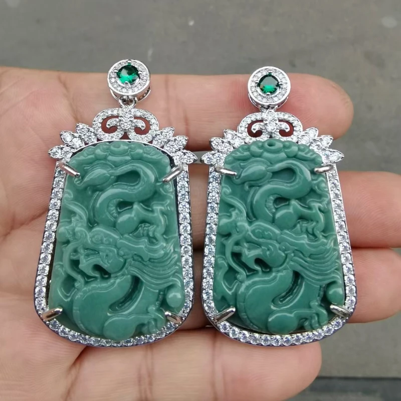 925 Silver Natural Burma Emerald Inlaid Dragon Pendant Necklace Jadeite Amulet Fashion Jewelry Gifts Women Her Certificate