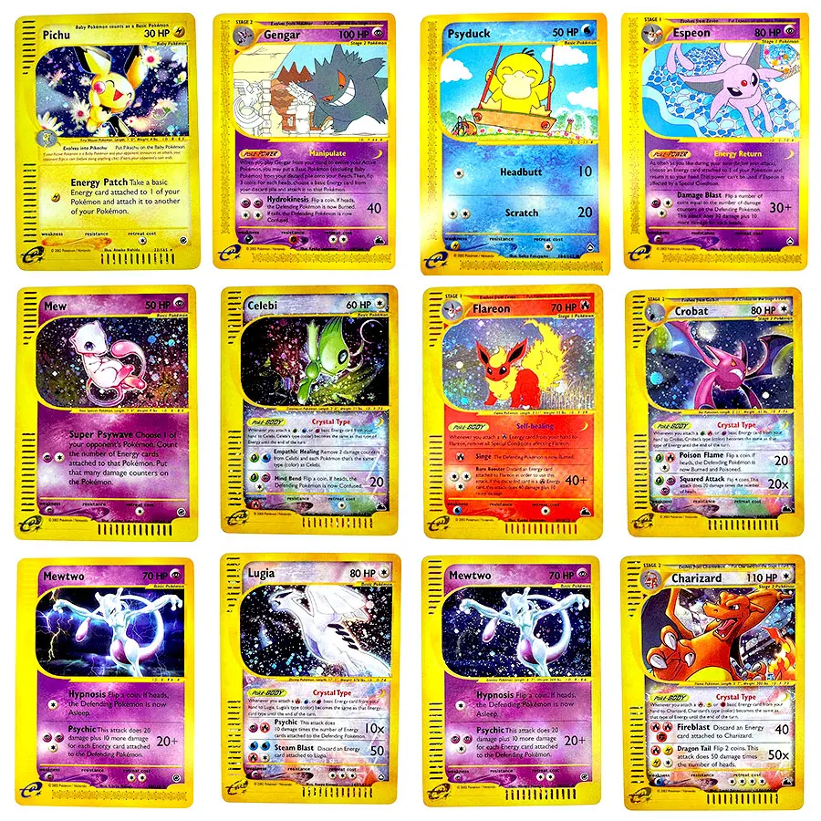 PKM Proxy Cards Mewtwo Gengar Psyduck Pichu Celebi Flareon Crobat Mew Lugia E-Series Holo Rare High Quality PTCG Collection Card