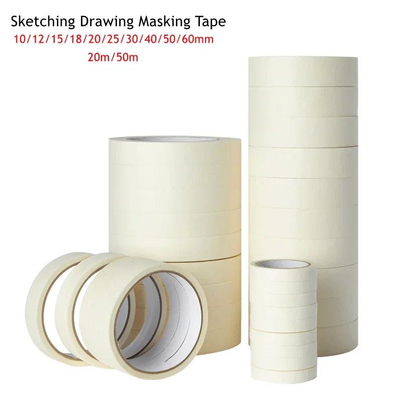 50m/20m Masking Tape White Color 12/18/60mm Single Side Tape Adhesive Crepe Paper for Oil Painting Sketch Drawing Supplies