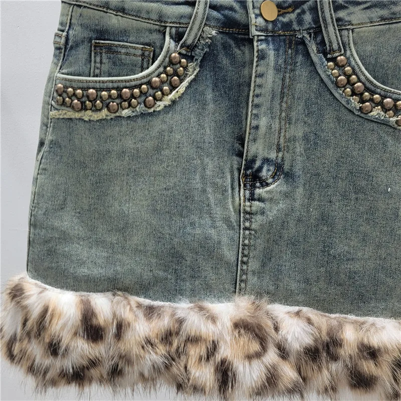 Leopard Print Furry Patchwork Stretch Denim Bodycon Skirt, 2025 Autumn Winter New Style, Sexy Rivet Hot Girl Short Skirt Women