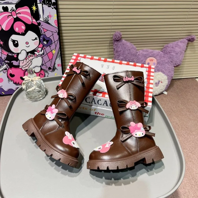 

Милые осенне-зимние детские высокие сапоги Kawaii Sanrio My Melody в стиле аниме, милая кожаная теплая обувь с героями мультфильмов, модные подарки для девочек